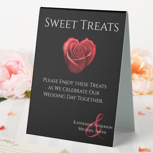 Wedding Sweet Treats Sign-Heart Shaped Red Rose- Table Tent (In SItu (Wedding))