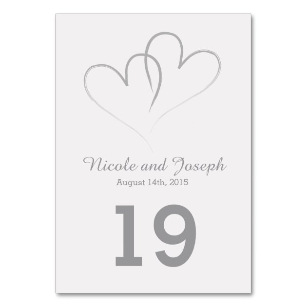 Wedding Table Card - Two Silver Hearts Intertwined
