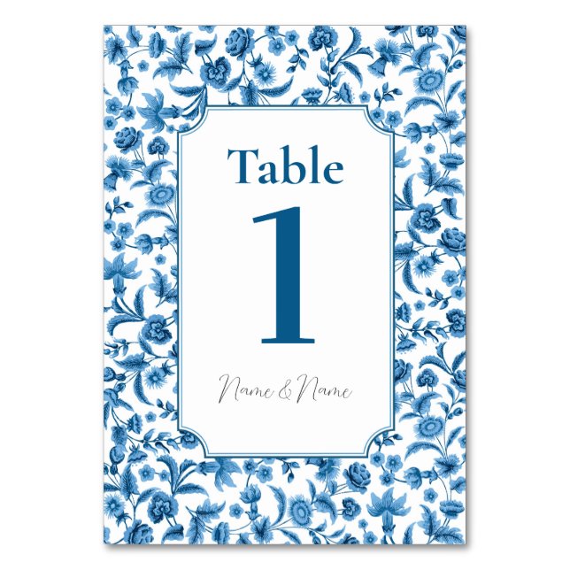 Wedding Table Chintz Blue & White Floral Ditsy Table Number (Front)