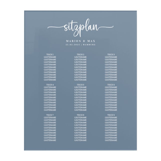 wedding table Dusty Blue 01 Acrylic Print (Front)