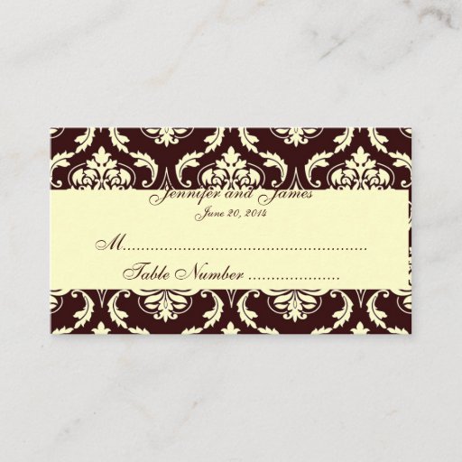 Customizable Wedding Table Escort Cards Brown Ivory Damask Business Card