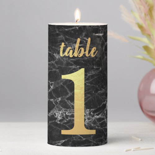 Wedding Table Number 1 Faux Gold Foil Black Marble Pillar Candle