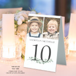 Wedding Table Number 2 Photos Greenery Table Tent Sign<br><div class="desc">Personalized wedding table number tent signs featuring 2 photos of the bride and groom through the years to entertain guests. Fun to have similar age photos on the same sign and different photos on each table as guests mingle. Printed on both sides for two-sided viewing. CHANGES: The black text color...</div>