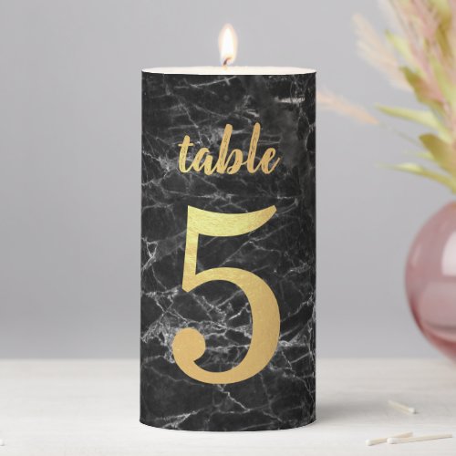 Wedding Table Number 5 Black Marble Faux Gold Foil Pillar Candle