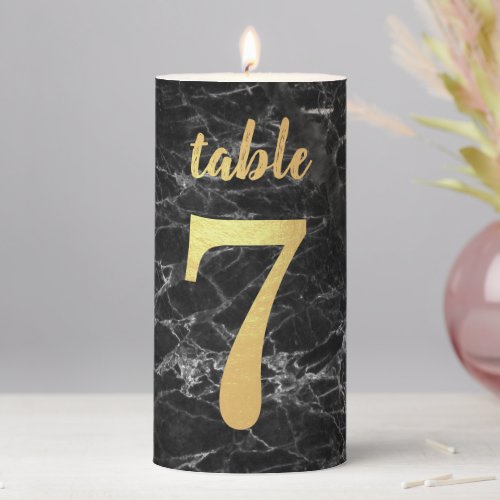 Wedding Table Number 7 Faux Gold Foil Black Marble Pillar Candle