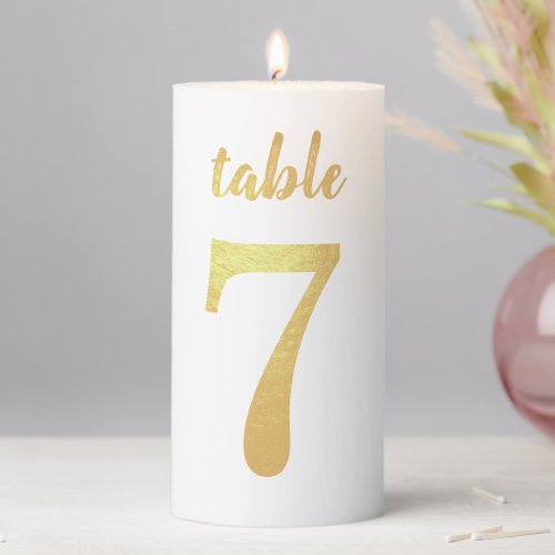 Wedding Table Number 7 Faux Gold Foil Handwriting Pillar Candle