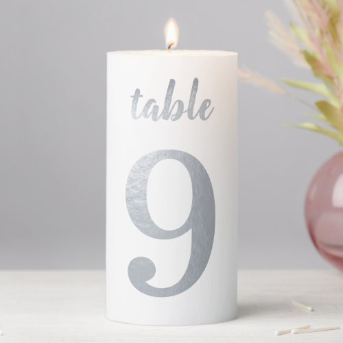 Wedding Table Number 9 Faux Silver Simple Elegant Pillar Candle