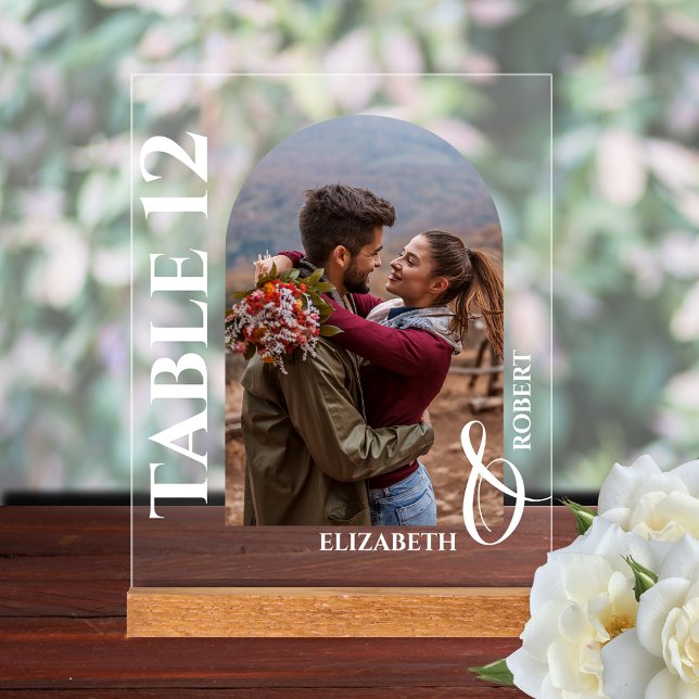 Wedding Table Number Arched Photo Acrylic Sign (Wedding table number arched photo clear acrylic tabletop sign)