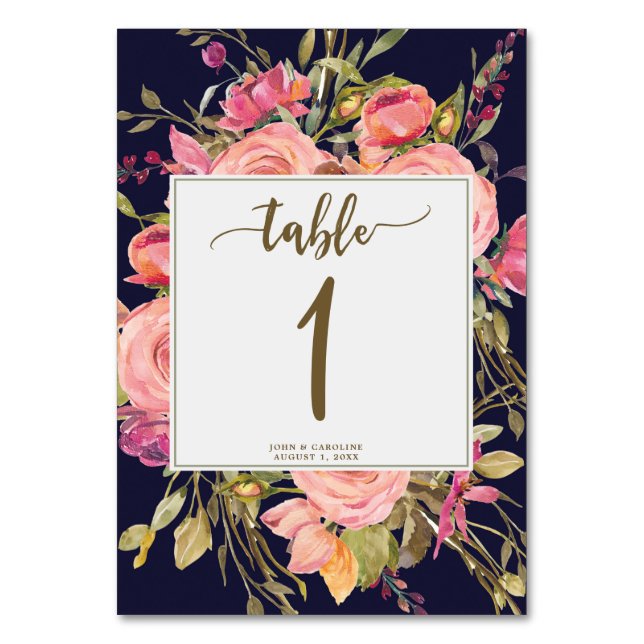 Wedding table number card boho floral navy (Front)