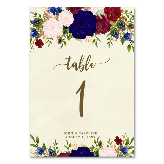 Wedding table number card boho navy marsala (Front)