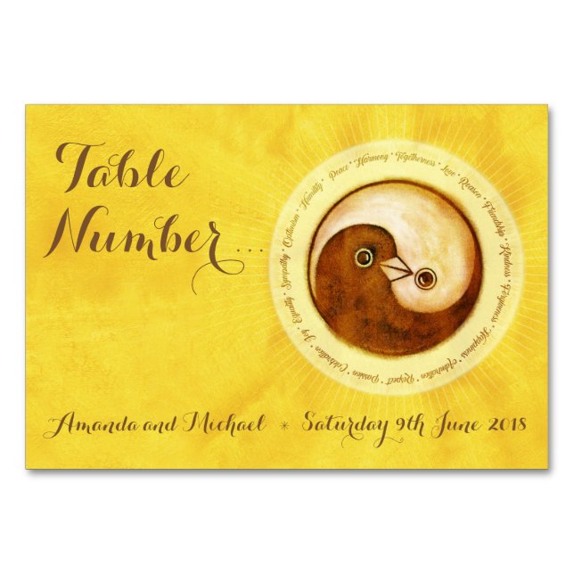 WEDDING TABLE NUMBER CARD. Gold doves YinYang (Front)
