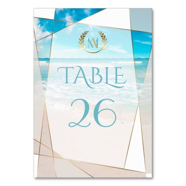 Wedding Table Number Card | Modern Monogram Beach (Front)