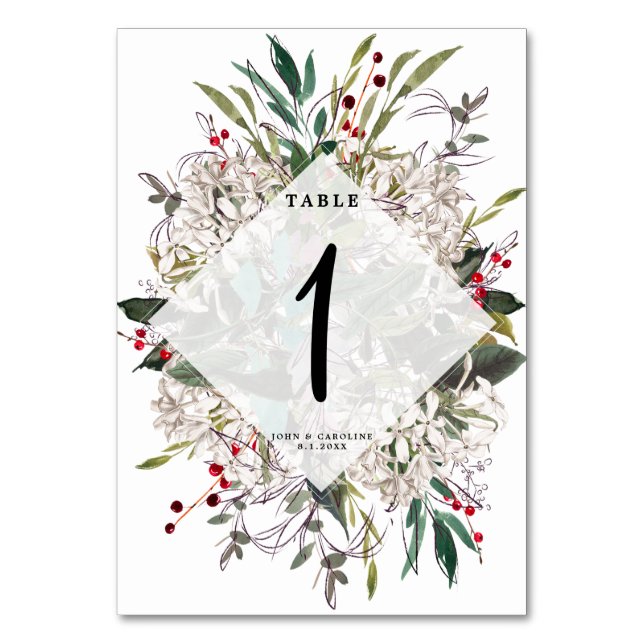 Wedding table number card white floral greenery (Front)