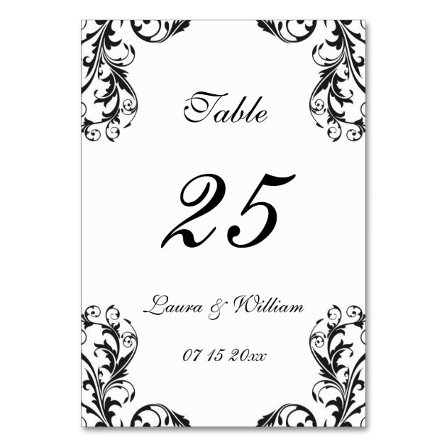 Wedding Table Number Cards | Black Damask Design
