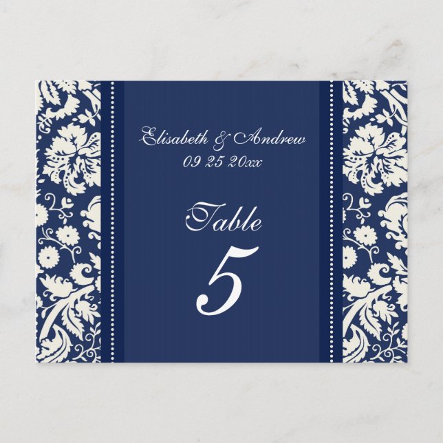 Wedding Table Number Cards Blue Damask (Front)