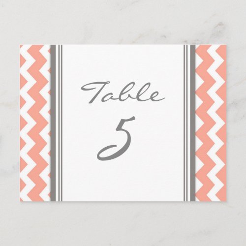 Wedding Table Number Cards Coral Gray Chevron