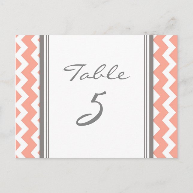 Wedding Table Number Cards Coral Gray Chevron (Front)