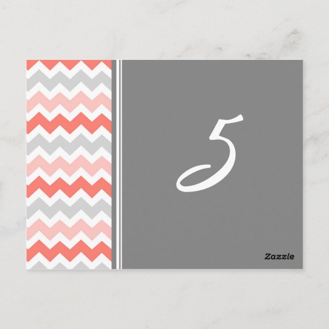 Wedding Table Number Cards Coral Gray Chevron (Back)