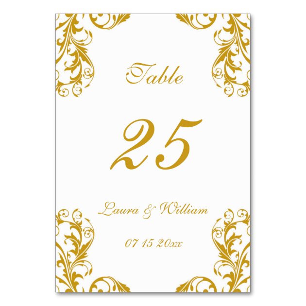 Wedding Table Number Cards | Gold Damask Design