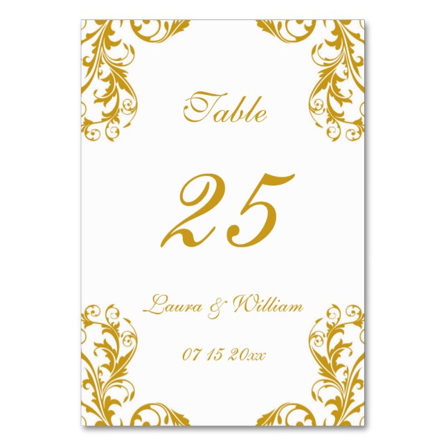 Wedding Table Number Cards | Gold Damask Design (Front)