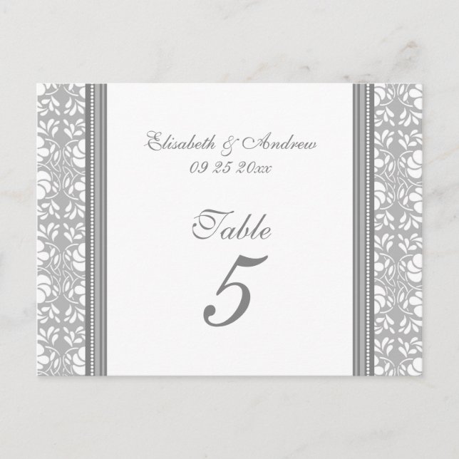 Wedding Table Number Cards Gray Damask (Front)