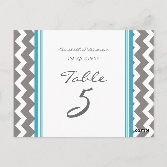 Wedding Table Number Cards Grey Blue Chevron (Back)