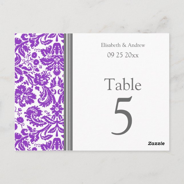 Wedding Table Number Cards Grey Purple (Back)