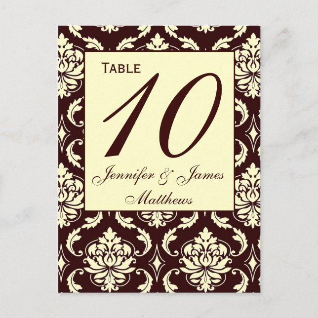 Wedding Table Number Cards Ivory Brown Damask (Front)