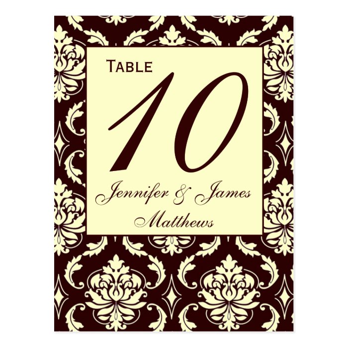 Wedding Table Number Cards Ivory Brown Damask Postcard