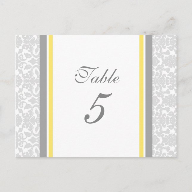 Wedding Table Number Cards Lemon Gray Damask (Front)