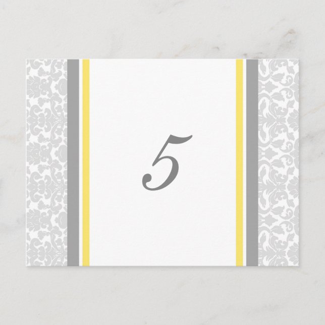 Wedding Table Number Cards Lemon Gray Damask (Front)
