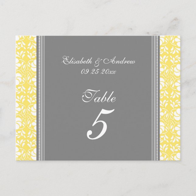 Wedding Table Number Cards Lemon Gray Damask (Front)