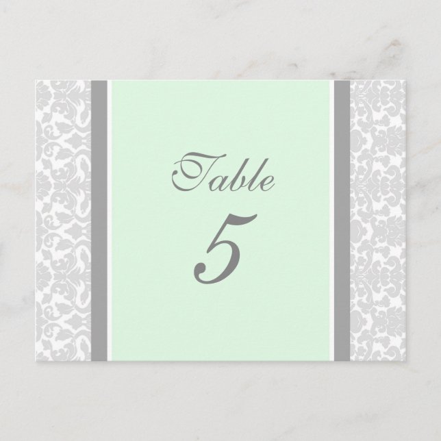 Wedding Table Number Cards Mint Gray Damask (Front)