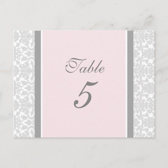 Wedding Table Number Cards Pink Gray Damask (Front)