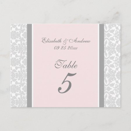 Wedding Table Number Cards Pink Gray Damask