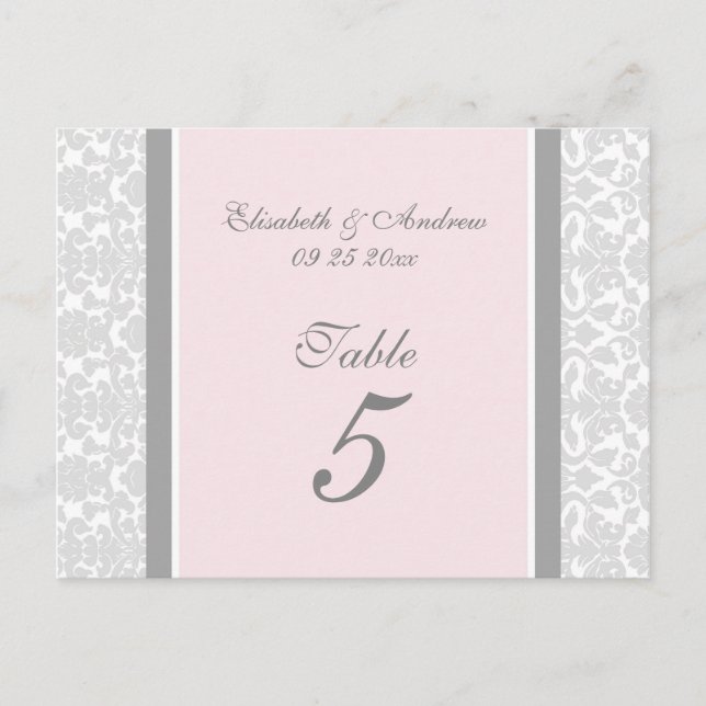 Wedding Table Number Cards Pink Gray Damask (Front)