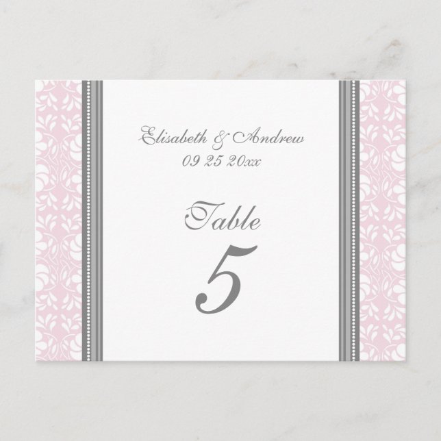 Wedding Table Number Cards Pink Gray Damask (Front)