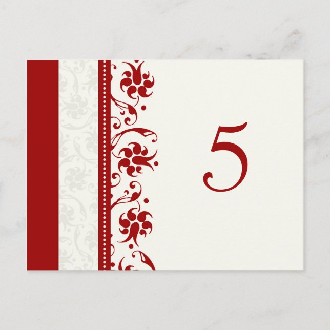 Wedding Table Number Cards Red Floral (Front)