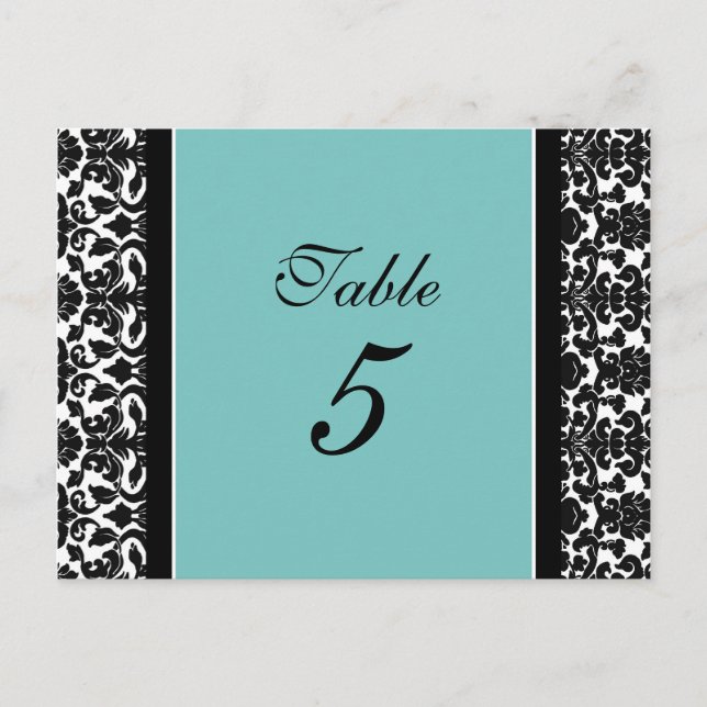 Wedding Table Number Cards Teal Damask (Front)