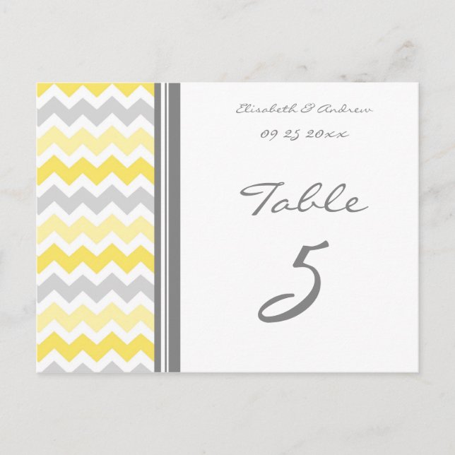 Wedding Table Number Cards Yellow Gray Chevron (Front)