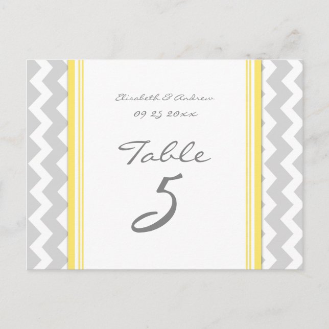Wedding Table Number Cards Yellow Gray Chevron (Front)