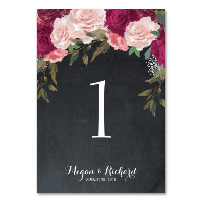 wedding table number chalkboard burgundy pink (Front)