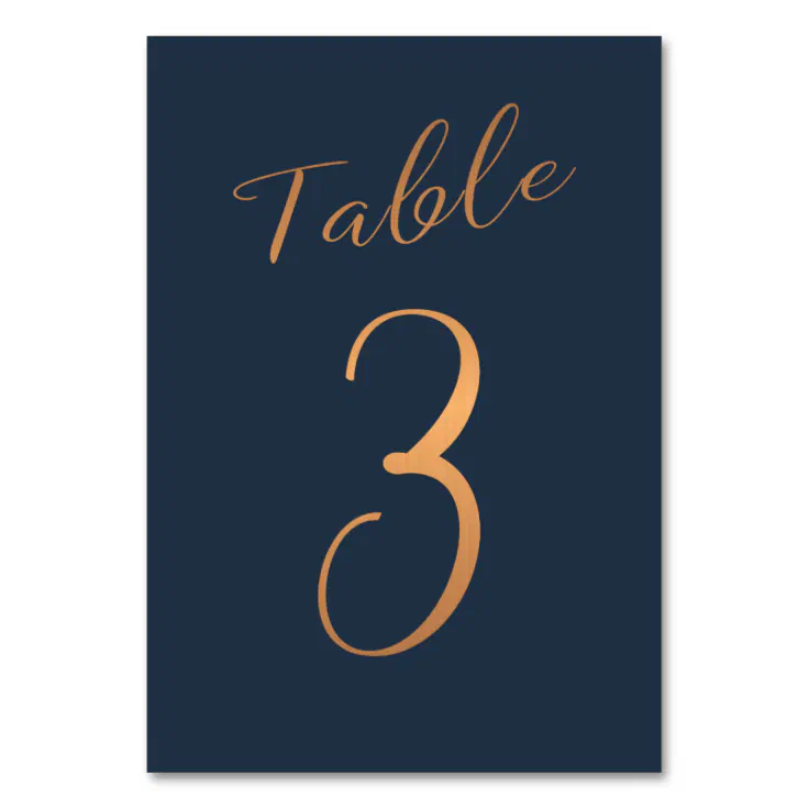 Wedding table number copper glitter navy elegant Zazzle