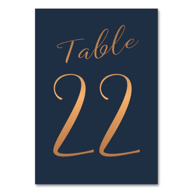 Wedding table number copper rose gold glitter navy (Front)