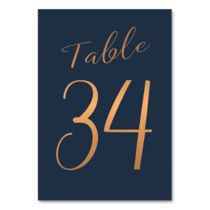 Wedding table number copper rose gold glitter navy