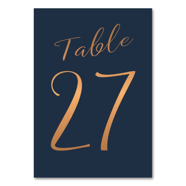 Wedding table number copper rose gold glitter navy (Front)