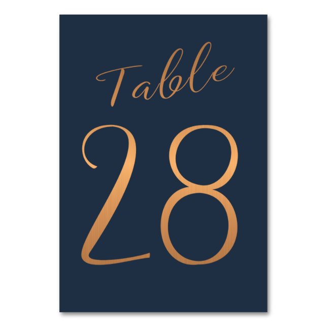 Wedding table number copper rose gold glitter navy (Front)