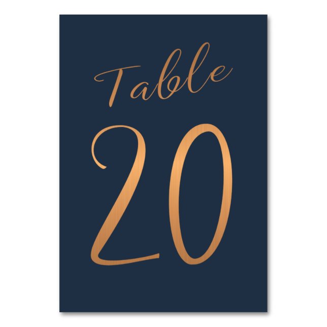 Wedding table number copper rose gold glitter navy (Front)