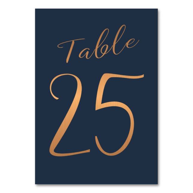 Wedding table number copper rose gold glitter navy (Front)