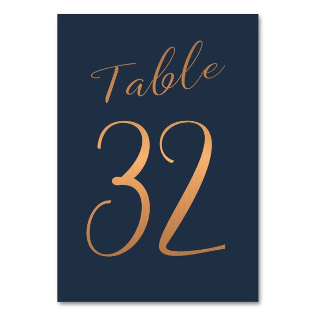 Wedding table number copper rose gold glitter navy (Front)